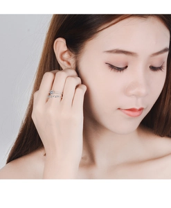 Model wearing minimalist double layer star zircon rings with silver finish and shiny pavé