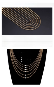 Size chart for 18K gold plated stainless steel necklaces in various lengths and widths