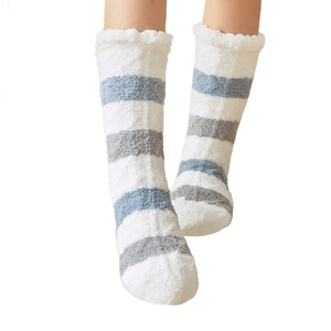 Soft coral fleece striped floor socks with blue and grey bands on white plush material