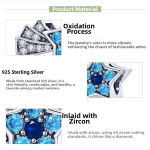 Detailed macro view of S925 sterling silver star charm with blue cubic zirconia stones