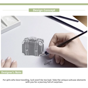 Artistic sketch of a travel suitcase charm with a designer signature and tools