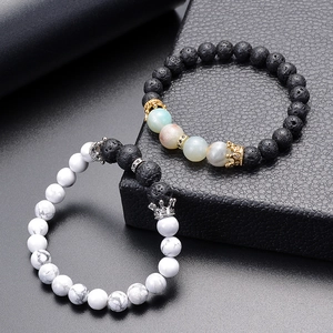 Natural white turquoise and lava stone couple bracelets with zircon copper crown beads