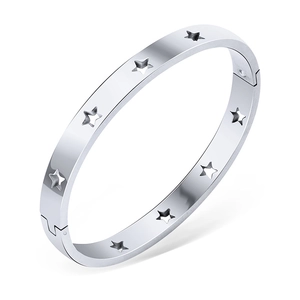 Polished silver hollow star pattern titanium steel bangle with side hinge closure