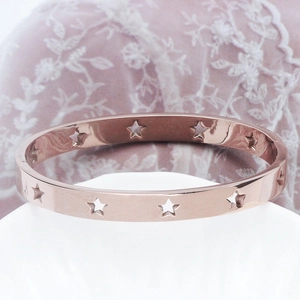 Fashion rose gold stainless steel hollow star bangle with hinge closure for women