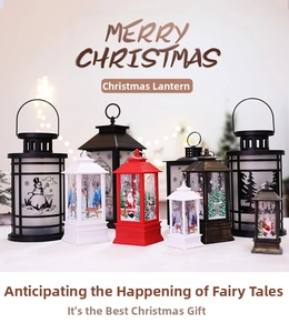 Detailed view of varied Christmas lanterns with festive reindeer and snowman patterns