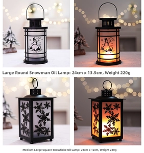 Detail of LED Christmas lanterns showing snowman patterns and warm lighting effects
