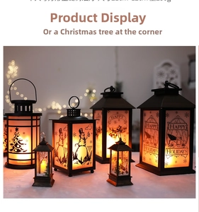 Detail of Christmas LED lanterns with snowman and Santa silhouettes in festive bokeh lighting