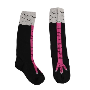 Detailed view of novelty knee-high socks featuring pink bird claw pattern on black cotton