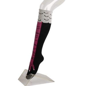Detail showing creative chicken claw print on black over-knee cotton blend socks
