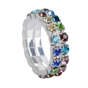 Three-row crystal stretch ring for women featuring multi-colored sparkling zircons