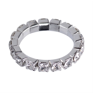 Detail of silver stretch eternity ring with three rows of clear crystals in claw setting