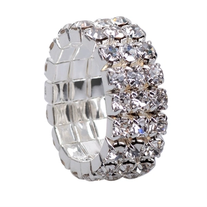 Minimalist silver-toned triple-row crystal stretch ring for women in polished finish