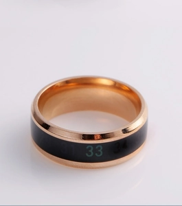 Detail view of the rose gold temperature sensing ring showing degree numbers on the black band