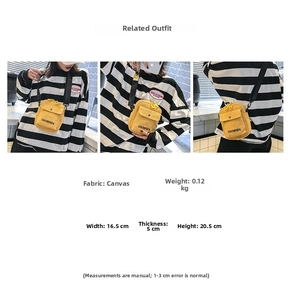 Detail showing dimensions and parameters of a yellow canvas crossbody shoulder bag