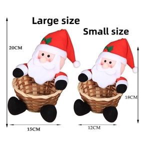 Christmas bamboo candy baskets with Santa decor in two sizes showing dimensions