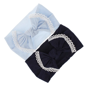 Soft nylon baby headbands with oversized bow and white lace trim in blue and navy