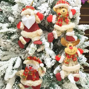 Details von Weihnachtsbaum-Plüschfiguren aus Sackleinen mit Weihnachtsmann, Schneemann und Rentier