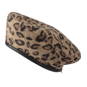 Vintage leopard print wool beret hat for women with stylish black faux leather trim edge
