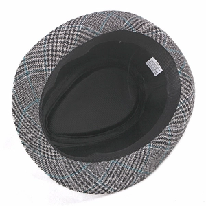 Classic grey checkered wool fedora hat with plaid pattern and inner lining detail