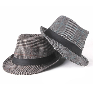 Classic British plaid wool fedora hats for men and women in brown and grey tones