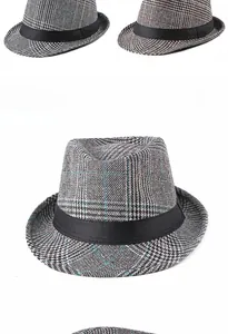 Detailed close-up of British style checkered fedora hat with a black grosgrain ribbon band