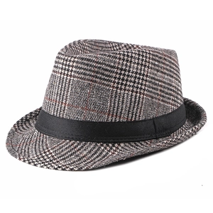 Vintage Plaid Fedora Hat British Style Woolen Feel Jazz Hat For Men And Women Autumn Winter Casual Headwear Ribbon Band