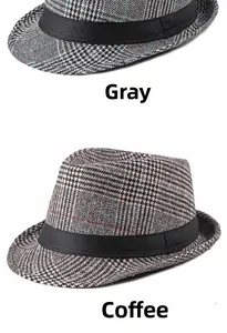 Vertical display of grey and coffee plaid fedora hats with black decorative ribbons