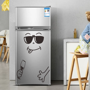 Creative cool cartoon face sticker with sunglasses on modern silver double door refrigerator