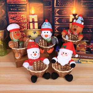 Christmas Candy Basket Bamboo Woven Storage Decor Santa Snowman Reindeer Penguin Gingerbread Man Plush Desktop Ornament