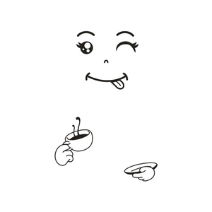 Cartoon character line art illustration holding a steaming coffee cup and saucer