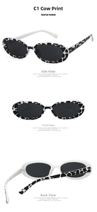 Three-angle view of oval cow print sunglasses with gray lenses and model BL3102 code