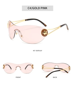 Détail de lunettes de soleil Y2K sans monture étoile rose doré avec vues multi-angles