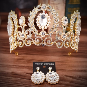 Baroque Vintage Bridal Crown And Earring Jewelry Alloy Rhinestone Artificial Pearl Wedding Crown Earring Jewelry For Women Bride
