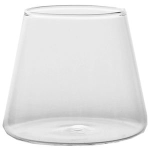 Minimalist Mount Fuji glass cup with a unique trapezoidal design on a plain white background