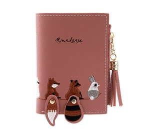 Pink short wallet for women featuring cute animal embroidery and matching tassel detail