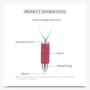 Detailed specs of stainless steel bullet pendant with pink rhinestones and 55cm chain