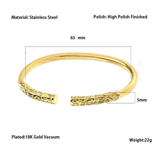 Detail showing 5mm width and 65mm diameter of the 18K gold plated stainless steel bracelet