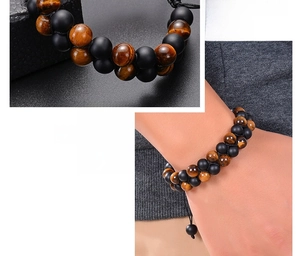Detailed macro view and on-wrist display of double-row tiger eye beaded adjustable bracelet
