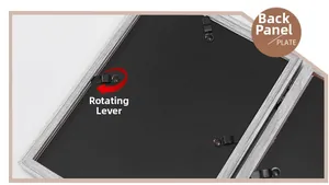 Detail of trifold photo frame back with metal rotating clips and black velvet backing
