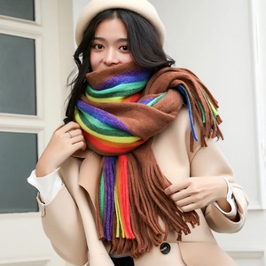 Thick rainbow striped scarf for women with brown base and long fringe winter neck warmer