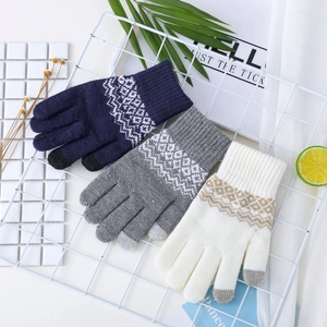 Gants en tricot jacquard tactiles avec doublure polaire chaude et motifs de vagues