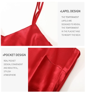 Détail d'une chemise de nuit en satin rouge avec décolleté en V et poches pratiques