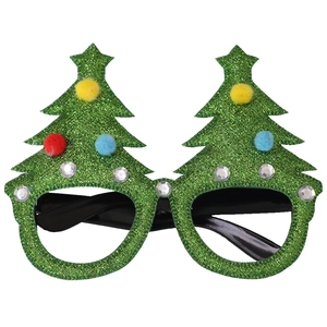Detail of green glitter Christmas tree glasses with colorful pom poms and rhinestones