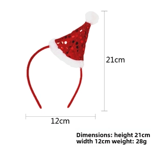 Detail view of red sequin Santa hat headband with plush trim and 21cm x 12cm size