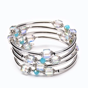 Multilayer Spiral Coil Bangle Bracelet Silver Metal Tube Iridescent Square Crystal Round Beads Bohemian Western Style