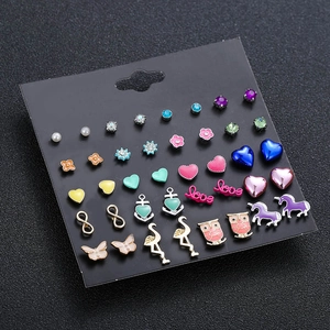 Set of 20 pairs of gold-tone fashion earrings featuring animal shapes and crystals