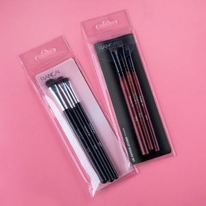 3-piece pony hair eye makeup brush set with E02 E05 E07 models on pink background