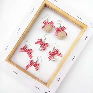 Japanese retro plaid bow earrings with soft beige pompom and white faux pearl drops