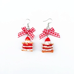 Japanese retro plaid bow earrings with cute strawberry cake and plush mink fur balls