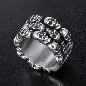 Gothic skull embossed ring in silver stainless steel for men with punk style design